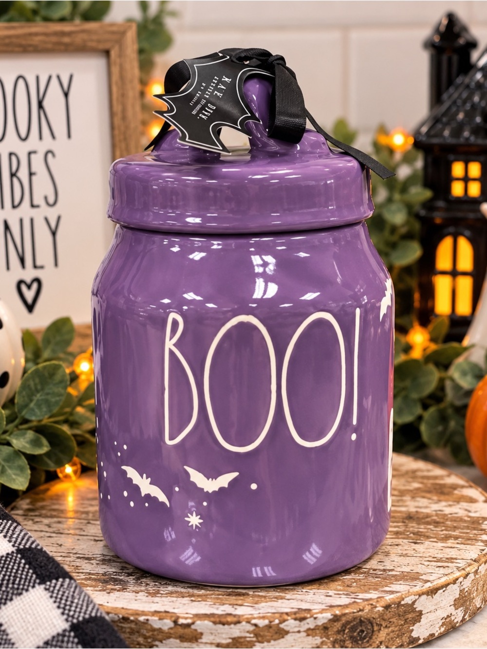 NEW Rae Dunn BOO! Purple Ceramic Halloween Small Canister w/ Bats